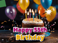 Happy Birthday Age 55 GIF, 55th Birthday GIF: A birthday cake with flickering candles gif with text reading Happy Birthday and a Name slot to customize