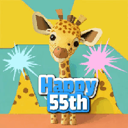 Happy Birthday Age 55 GIF, 55th Birthday GIF: Cute giraffee birthday gif depicting a paper cutout bobbing giraffe head and birthday text you can customize with sparklers.