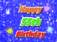 Happy Birthday Age 55 GIF, 55th Birthday GIF: A glitter birthday gif with a blue glitter background and animated text reading Happy Birthday Name