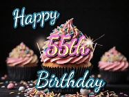 Happy Birthday Age 55 GIF, 55th Birthday GIF: A delicious cupcake gif with animated sparkles reading Happy Birthday with a name to customize