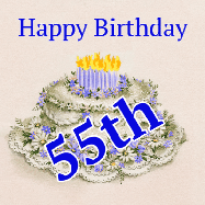 Happy Birthday Age 55 GIF, 55th Birthday GIF: A beautiful animated birthday gif with a vintage style cake drawing and animated candle flames. Customize the name and text.