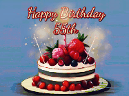 Happy Birthday Age 55 GIF, 55th Birthday GIF: Animated GIF of a birthday cake covered in berries with 2 sparklers and a candle, reads Happy Birthday Name. Customize it.