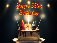 Happy Birthday Age 55 GIF, 55th Birthday GIF: Animated birthday cake gif with sparklers on a dark background. Personalize up to 3 lines of text.