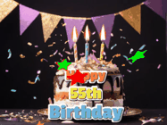 Happy Birthday Age 55 GIF, 55th Birthday GIF: Happy birthday cake animated gif with flickering candles, animated text, and falling confetti. Customize text reading Happy Birthday Customize.