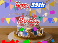 Happy Birthday Age 55 GIF, 55th Birthday GIF: Happy Birthday Cake GIF with a cat, lamb, and squirrel on the cake with flickering candles, a sparkler, and falling confetti. Reads Happy Birthday Name and you can customize the name