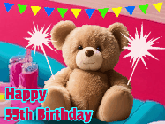 Happy Birthday Age 55 GIF, 55th Birthday GIF: A cute birthday teddy bear animated birthday gif with the bear holding sparklers and text to customize.