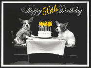 Happy Birthday Age 56 GIF, 56th Birthday GIF: Vintage animated birthday card gif with name, flickering candles, birthday cake, and 2 dogs sitting at the table.