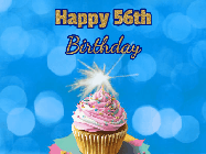 Happy Birthday Age 56 GIF, 56th Birthday GIF: Animated gif happy birthday cupcake with sparkler and customizable glittering text