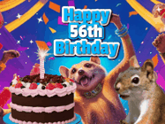 Happy Birthday Age 56 GIF, 56th Birthday GIF: A silly animated birthday gif, a chipmunk lights bady cake sparkler with laser beam eyes and starts a bright glitter party.