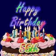 Happy Birthday Age 56 GIF, 56th Birthday GIF: A dark blue birthday gif with a beautiful cake with flickering candles, background sparkles and a name to customize.