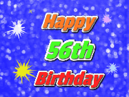 Happy Birthday Age 56 GIF, 56th Birthday GIF: A glitter birthday gif with a blue glitter background and animated text reading Happy Birthday Name
