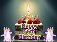 Happy Birthday Age 56 GIF, 56th Birthday GIF: An animated gif with 2 unicorns and a birthday candle on a cake.