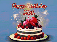 Happy Birthday Age 56 GIF, 56th Birthday GIF: Animated GIF of a birthday cake covered in berries with 2 sparklers and a candle, reads Happy Birthday Name. Customize it.