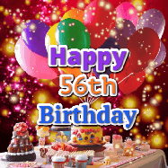Happy Birthday Age 56 GIF, 56th Birthday GIF: Animated happy birthday gif on a bright red glittery background and 3 lines of text reading Happy Birthday Customize