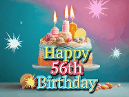 Happy Birthday Age 56 GIF, 56th Birthday GIF: A colorful animated Happy Birthday Cake GIF with swirling sparkles and flickering candles. It reads Happy Birthday Name