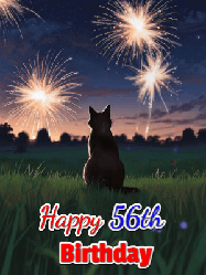 Happy Birthday Age 56 GIF, 56th Birthday GIF: An animated gif at night showing the backside of a sitting cat who watches sparkle and fireworks over a meadow. Customize name and happy birthday.