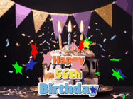 Happy Birthday Age 56 GIF, 56th Birthday GIF: Happy birthday cake animated gif with flickering candles, animated text, and falling confetti. Customize text reading Happy Birthday Customize.