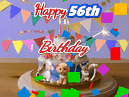 Happy Birthday Age 56 GIF, 56th Birthday GIF: Happy Birthday Cake GIF with a cat, lamb, and squirrel on the cake with flickering candles, a sparkler, and falling confetti. Reads Happy Birthday Name and you can customize the name
