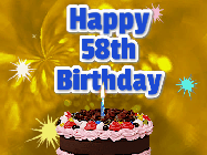 Happy Birthday Age 58 GIF, 58th Birthday GIF: A glitter and sparkle happy birthday gif with swelling sparkles, a birthday cake, and 3 lines of text to customize