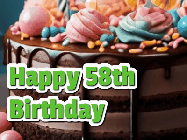 Happy Birthday Age 58 GIF, 58th Birthday GIF: A beautiful and elegant birthday cake gif with pink text to customize and animated flowers.
