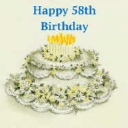 Happy Birthday Age 58 GIF, 58th Birthday GIF: A beautiful vintage birthday cake design with flickering candles atop and three lines of customized happy birthday text.