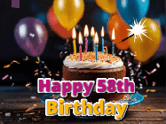 Happy Birthday Age 58 GIF, 58th Birthday GIF: A birthday cake with flickering candles gif with text reading Happy Birthday and a Name slot to customize