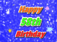 Happy Birthday Age 58 GIF, 58th Birthday GIF: A glitter birthday gif with a blue glitter background and animated text reading Happy Birthday Name