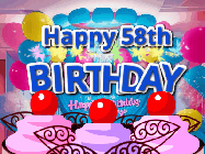 Happy Birthday Age 58 GIF, 58th Birthday GIF: Birthday animated gif with sparklers on text name you can customize. Brightly colored with a close up cake cherries.
