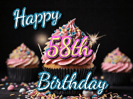 Happy Birthday Age 58 GIF, 58th Birthday GIF: A delicious cupcake gif with animated sparkles reading Happy Birthday with a name to customize