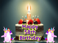 Happy Birthday Age 58 GIF, 58th Birthday GIF: An animated gif with 2 unicorns and a birthday candle on a cake.