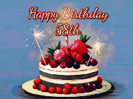 Happy Birthday Age 58 GIF, 58th Birthday GIF: Animated GIF of a birthday cake covered in berries with 2 sparklers and a candle, reads Happy Birthday Name. Customize it.