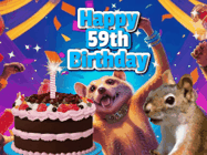 Happy Birthday Age 59 GIF, 59th Birthday GIF: A silly animated birthday gif, a chipmunk lights bady cake sparkler with laser beam eyes and starts a bright glitter party.
