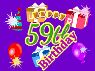 Happy Birthday Age 59 GIF, 59th Birthday GIF: Animated Birthday GIF with growing and shrinking background and sparklers and a customizable name that spins around.
