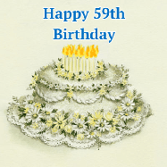 Happy Birthday Age 59 GIF, 59th Birthday GIF: A beautiful vintage birthday cake design with flickering candles atop and three lines of customized happy birthday text.