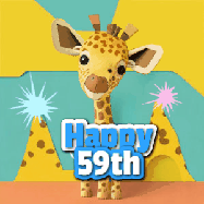 Happy Birthday Age 59 GIF, 59th Birthday GIF: Cute giraffee birthday gif depicting a paper cutout bobbing giraffe head and birthday text you can customize with sparklers.