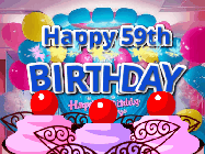 Happy Birthday Age 59 GIF, 59th Birthday GIF: Birthday animated gif with sparklers on text name you can customize. Brightly colored with a close up cake cherries.