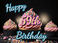 Happy Birthday Age 59 GIF, 59th Birthday GIF: A delicious cupcake gif with animated sparkles reading Happy Birthday with a name to customize