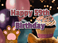 Happy Birthday Age 59 GIF, 59th Birthday GIF: Cute Kitten Birthday Cupcake GIF with a cupcake raised by a cats head, then it pulls down text reading Happy Birthday Name