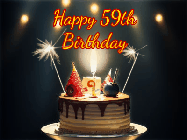 Happy Birthday Age 59 GIF, 59th Birthday GIF: Animated birthday cake gif with sparklers on a dark background. Personalize up to 3 lines of text.