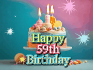 Happy Birthday Age 59 GIF, 59th Birthday GIF: A colorful animated Happy Birthday Cake GIF with swirling sparkles and flickering candles. It reads Happy Birthday Name