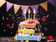 Happy Birthday Age 59 GIF, 59th Birthday GIF: Happy birthday cake animated gif with flickering candles, animated text, and falling confetti. Customize text reading Happy Birthday Customize.