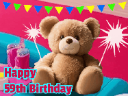 Happy Birthday Age 59 GIF, 59th Birthday GIF: A cute birthday teddy bear animated birthday gif with the bear holding sparklers and text to customize.