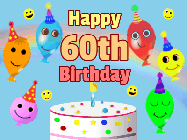 Happy Birthday Age 60 GIF, 60th Birthday GIF: Look at these cute balloons! Floating above a birthday cake. Animated happy faces too. Happy Birthday GIF. Customize. 