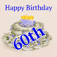 Happy Birthday Age 60 GIF, 60th Birthday GIF: A beautiful animated birthday gif with a vintage style cake drawing and animated candle flames. Customize the name and text.