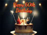 Happy Birthday Age 60 GIF, 60th Birthday GIF: Animated birthday cake gif with sparklers on a dark background. Personalize up to 3 lines of text.