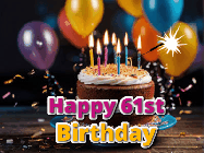 Happy Birthday Age 61 GIF, 61st Birthday GIF: A birthday cake with flickering candles gif with text reading Happy Birthday and a Name slot to customize