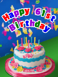 Happy Birthday Age 61 GIF, 61st Birthday GIF: A brightly colored animated birthday gif with a cake and a cute cartoon dragon flies past to light the candles. Customize banner text.