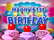 Happy Birthday Age 61 GIF, 61st Birthday GIF: Birthday animated gif with sparklers on text name you can customize. Brightly colored with a close up cake cherries.