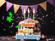 Happy Birthday Age 61 GIF, 61st Birthday GIF: Happy birthday cake animated gif with flickering candles, animated text, and falling confetti. Customize text reading Happy Birthday Customize.