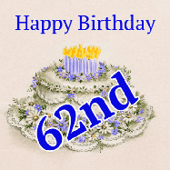 Happy Birthday Age 62 GIF, 62nd Birthday GIF: A beautiful animated birthday gif with a vintage style cake drawing and animated candle flames. Customize the name and text.